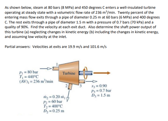 As shown below, steam at 80 bars (8 MPa) and 450 degrees Centers a well-insulated turbine operating at steady state with a vo