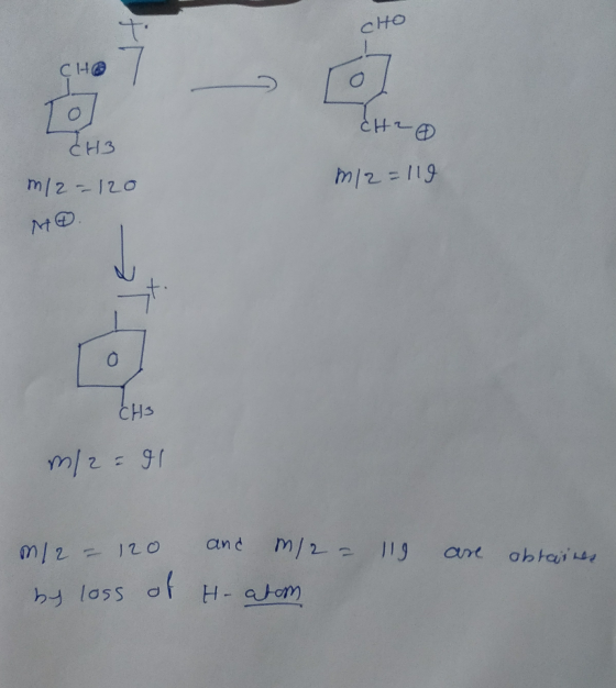 CHO CH 7 rol Lo ін- CH3 m/2 = 120 m/2=119 СН3 m/2 = 9 119 are obtaines m2 = 120 and m/2 = by loss of H-atom