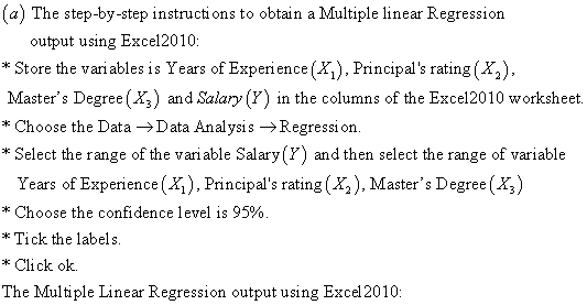 a) The step-by-step instructions to obtain a Multiple linear Regression output using Excel2010 * Store the vari ables is Year