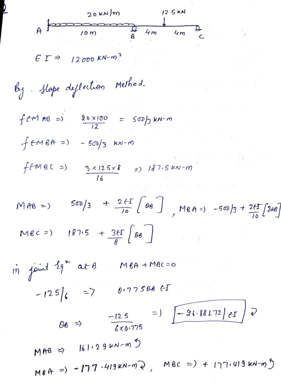 20 kN/m 125 KN po A 10m 4m 4m B EI -> 12 000 KN-m2 by Slope deflection merhod fom AB 20 X 100 12 500/3 KN-M femBA =) – 500/3