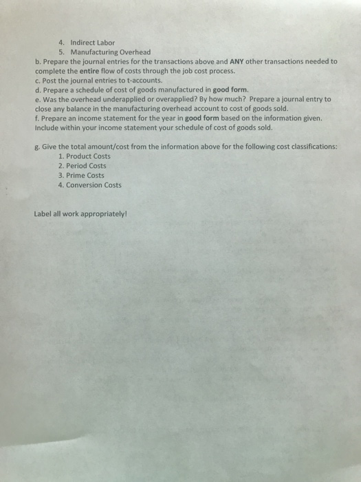 4. Indirect Labor 5. Manufacturing Overhead b. Prepare the journal entries for the transactions above and ANY other transacti