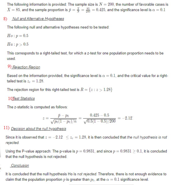 The following information is provided: The sample size is N = 200, the number of favorable cases is X = 85, and the sample pr
