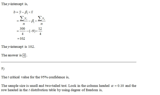 The y-intercept is, b = - B, xĨ INI - B x _300 -(-9)*** = 102 The y-intercept is 102. The answer is G. The t critical value f
