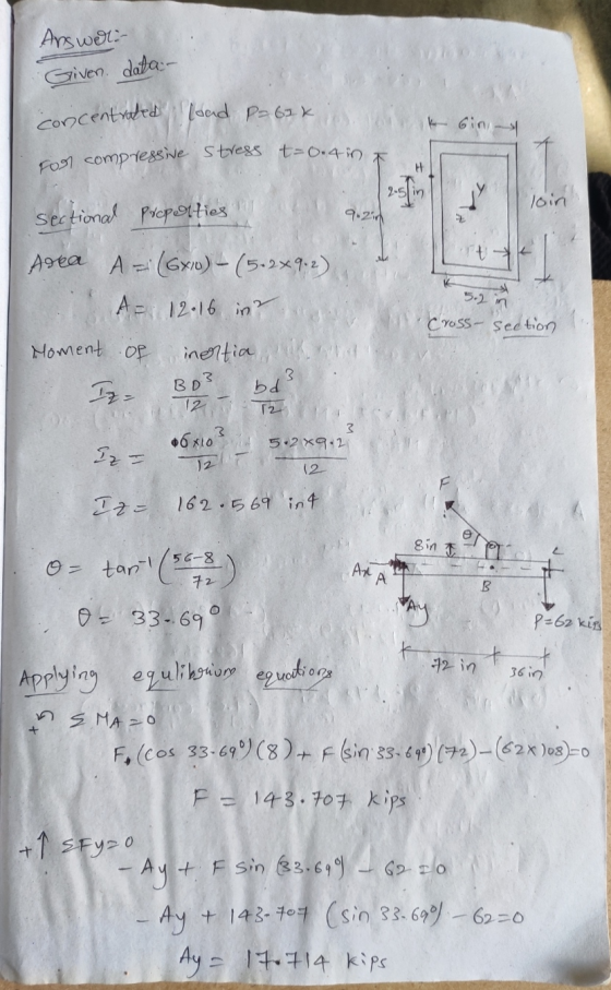 concentrated load p=62k. Fogl compressive stress t=0.407 Answer:- Given. data- k Gin H 2-5 in loin sectional properties 9.21