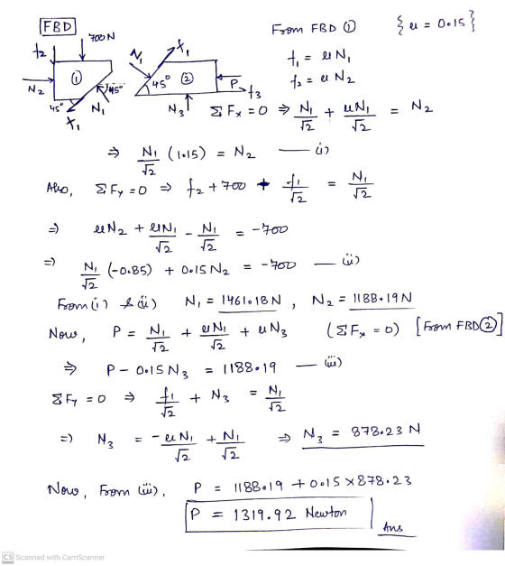 From FBD 0 { x = 0.15 (FBD ta 700N N ti = lin /2 = u N₂ 0 Festa 450 © Nz 45° 45° N3 V FX EO > N + UN, Ne 2 2 Ni (1015) = N2 A