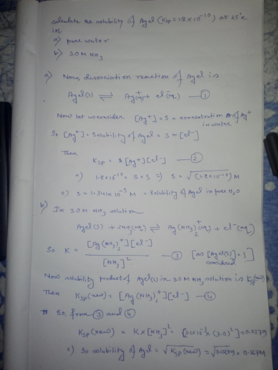 calenlate the alubility Agl CK8X1010) at 1s Pwe wwateY 3.0 M NH3 Noo, disociati m reaetin Ag A+ n) Noo let us eosider CA -S-