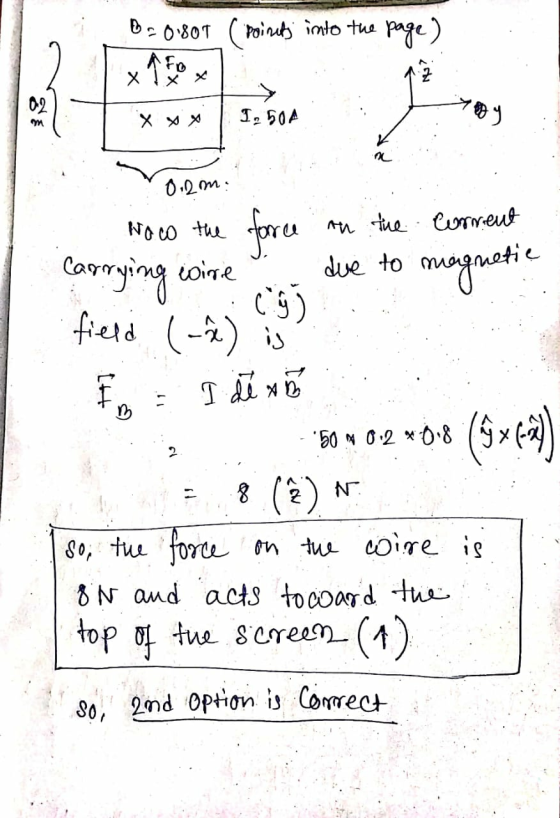 points into the page) Dc0.80T Afo Х 02 → I, 50A 789 m xxx ne 0.2 m: No co the force C93 in the corneut due to Carrying wine