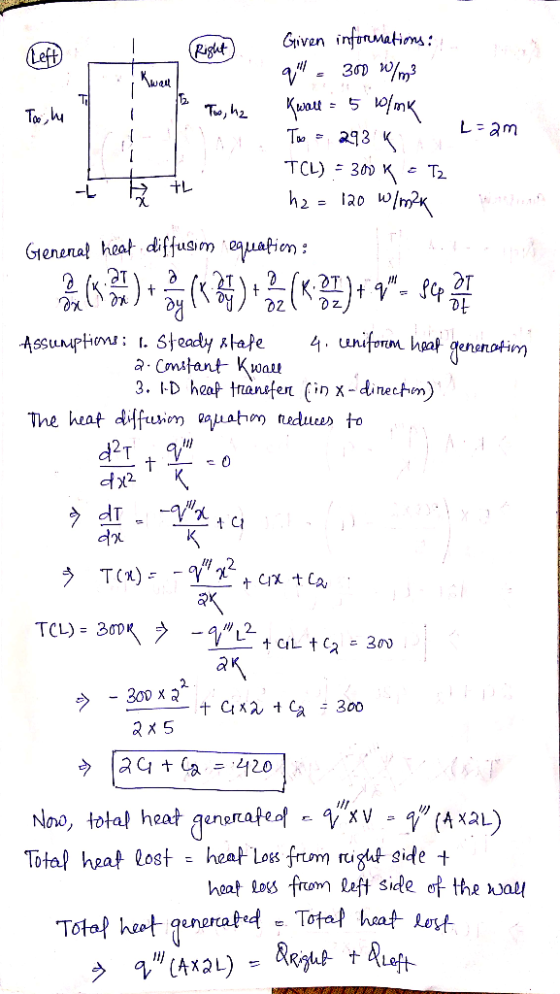 Tue, 2 L=am Given informations: Cet hom PSE qu - 300 W/m? Қиял = 5 @[ms Too; ku * To - 293 k TCL) = 300 K = Tz t Eth h2= 120