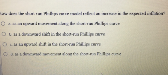 How does the short-run Phillips curve model reflect an increase in the expected inflation? O a. as an upward movement along t