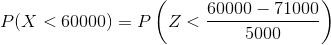 P(X < 60000) =P(z-san 60000 71000 5000