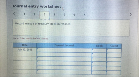 Journal entry worksheet < 1 2 4 5 6 6 7 Record reissue of treasury stock purchased. Note: Enter debits before credits. Genera