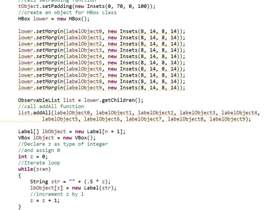 tobject.setPadding(new Insets(0, 70, 0, 100)); //create an object for HBox class HBox lower = new HBox(); lower.setMargin(lab
