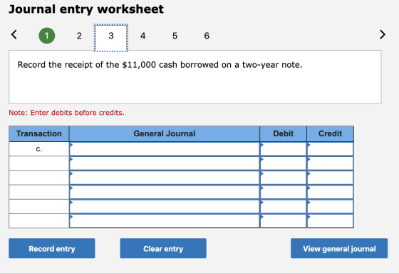Journal entry worksheet Record the receipt of the $11,000 cash borrowed on a two-year note. Note: Enter debits before credits