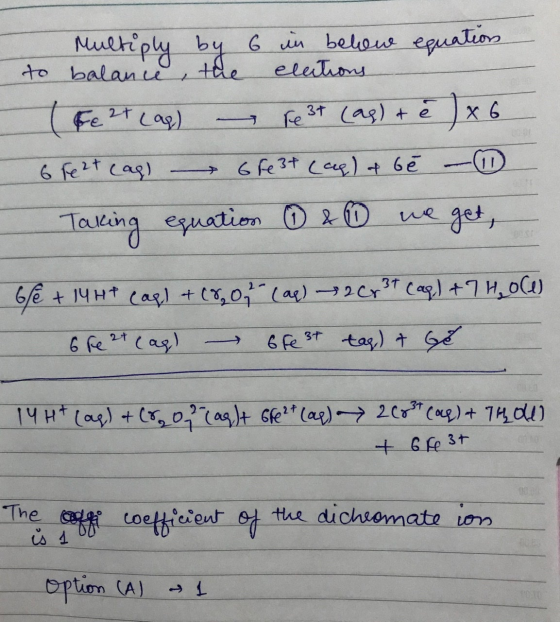 Multiply by 6 in below equation. to balance, the elections (Fe 2+ (aq) - Fe3+ (as) + ê ) x 6 6 Pezt cas) 6fe3t (ap) & b é -1
