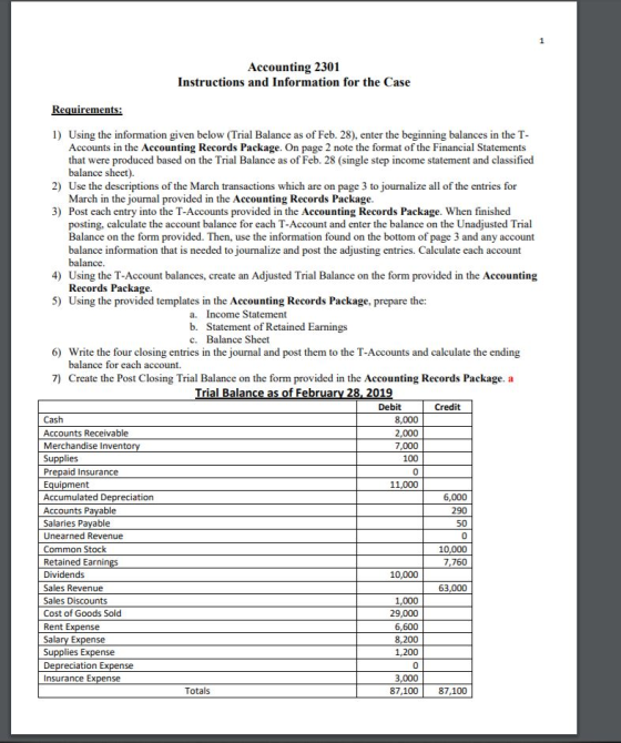 Accounting 2301 Instructions and Information for the Case Requirements: 1) Using the information given below (Trial Balance a