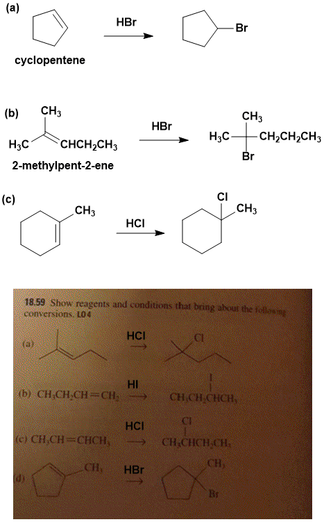 HBr cyclopentene (b) CH3 Hzc^ CHCH2CH3 HBr CH3 H3C- CH2CH2CH3 Br 2-methylpent-2-ene (c) CH3 HCI 18.59 Show reagents and condi