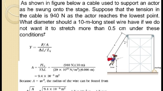 As shown in figure below a cable used to support an actor as he swung onto the stage. Suppose that the tension in the cable i