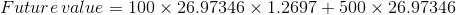 Future value = 100 x 26.97346 x 1.2697 + 500 x 26.97346