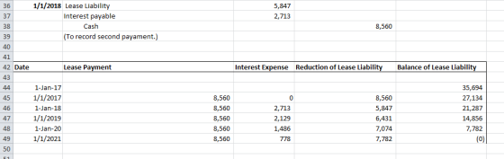 5,847 2,713 1/1/2018 Lease Liability Interest payable Cash (To record second payament.) 8,560 39 40 42 Date Lease Payment Int