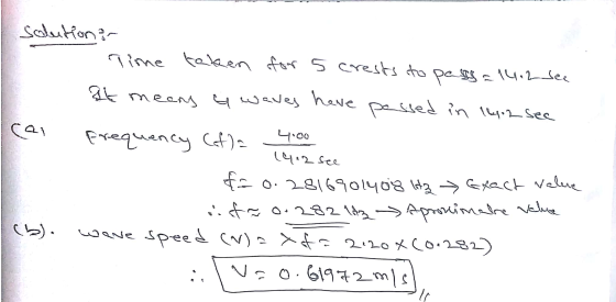 solution: Time taken for 5 crests to pass = 14.2 See It means a waves have passed in 14.2 sea can frequency (of) = 400 (9.2 s