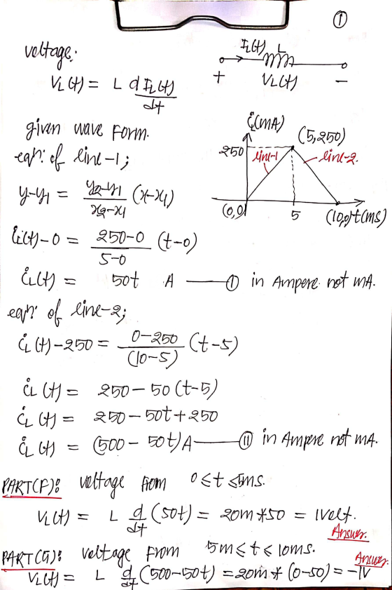 It ma + VLLA) voltage VLH) = L OILLA) dt given wave Form ear of line-i; CCMA) 250 inert (5,250) line-a. A You (-34) yoy, 39-3