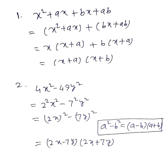1. x-tax +bx+aь . (x2+ax) + (Lx+42) (х+а) +ь(х+4) = (а +а) (+ь) 2. 4- 499 = 2*x*- 7** = (21) -- 1 a-b= (a-)(a+) = (2x-132 (24