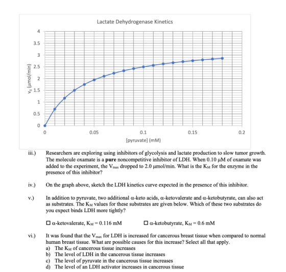 Lactate Dehydrogenase Kinetics (uļw/jour) 0.05 0.1 0.15 [pyruvate) (mm) iii.) Researchers are exploring using inhibitors of g