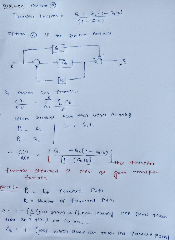 Solution option A Transfer function = GT G2 ( Gith) (1- Gith) option Answer. А is the Correct G₂ Go to R mason Gain formulas