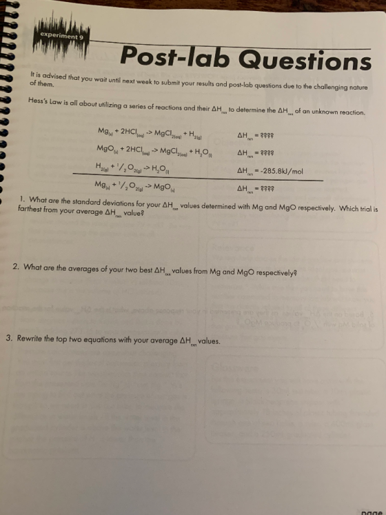 experiment 9 Post-lab Questions is advised that you wait until next week to submit your results and post-lab questions due to