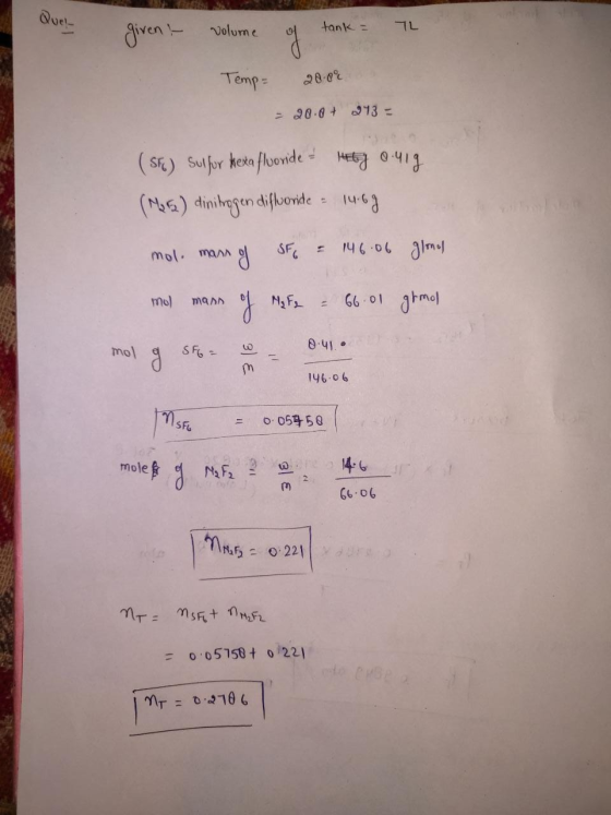 Quel - given & volume of tank = 0 TL Temp = 20.00 - 20.0+ 213 - (SFC) Sulfor hexafluoride - 146j o nig (M46) dinitrogen diflo