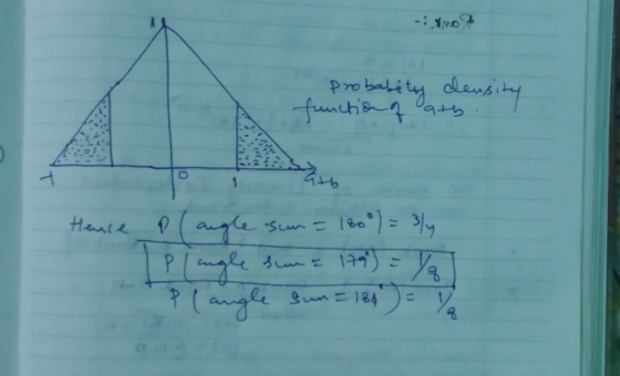 probabity density function of ath. I Hence Plangle sur = 180°)= 3/4 Plangle suma 179) = P augle sun= 186 ) =