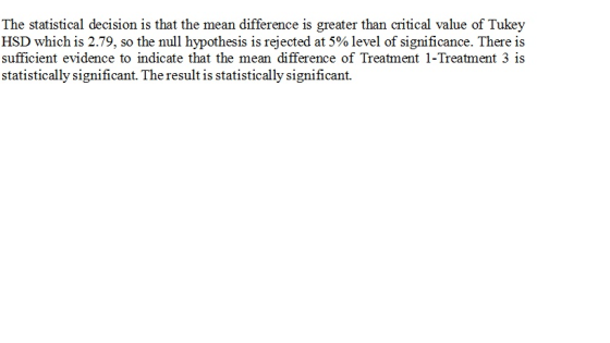 The statistical decision is that the mean difference is greater than critical value of Tukey HSD which is 2.79, so the null h