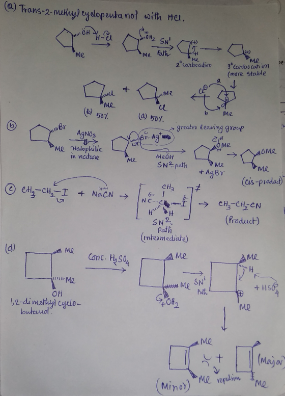 (A) Trans-2-newypegelopenhanof with mei 0 H Me Me (more stable a. Me M2 el (A) 50Y. o Me (O 50% > greater leaving group in natune MeOH Me cis-plcdud) (Product) SN2. path (mtesmeduiate) dl M2 Canc. H,54 Me Me SN 7-OH Me outcud ManaN MW (Mino)