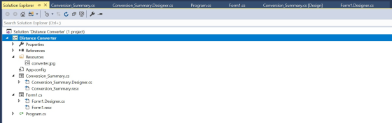 Solution Explorer + X Conversion_Summary.cs Conversion_Summary.Designer.cs Program.cs Form1.cs Conversion_Summary.cs (Design)