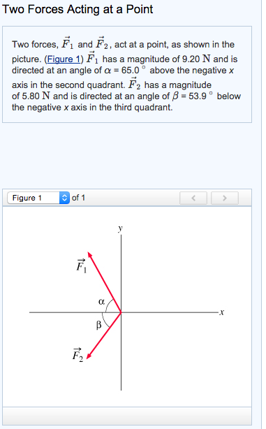 Two Forces Acting at a Point Two forces, F1 and F2, act at a point, as shown in the picture. (Fiqure 1) F1 has a magnitude of 9.20 N and is directed at an angle of α-65.0° above the negative x axis in the second quadrant. F2 has a magnitude of 5.80 N and is directed at an angle of β = 53.9 below the negative x axis in the third quadrant. Figure 1 of 1