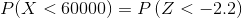P( X < 60000) = Pleft ( Z < -2.2 ight)