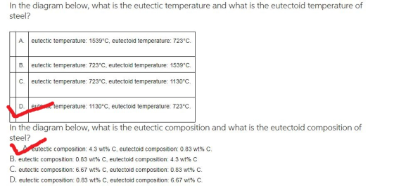 In the diagram below, what is the eutectic temperature and what is the eutectoid temperature of steel? A. | eutectic temperat