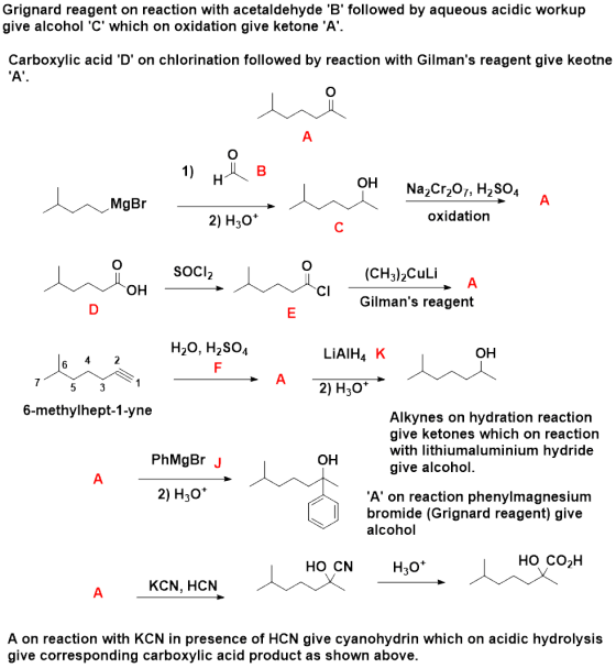 Grignard reagent on reaction with acetaldehyde B followed by aqueous acidic workup give alcohol C which on oxidation give