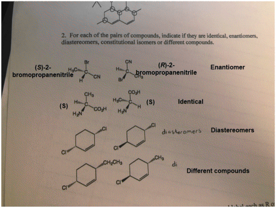2. For each of the pairs of compounds, indicate if they are identical, enantiomers, diastereomers, constitutional isomers or