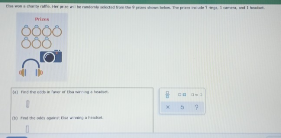 Elsa won a charity raffle. Her prize will be randomly selected from the 9 prizes shown below. The prizes include 7 rings, 1 c