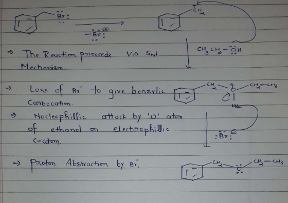 - The Reaction proceeds - Mechanism via Sul CHACH-GH - CHACHA give benzylic Cr - Loss of Bi to give benzylic Carbocation Nucl