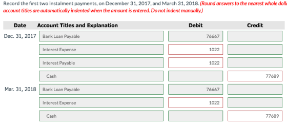Record the first two instalment payments, on December 31, 2017, and March 31, 2018. (Round answers to the nearest whole doll
