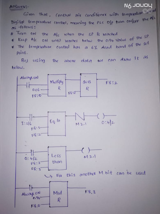 Answek:- N6 JOUOY Given that, (ental ais Conditionex with tempesatiure rol Digital tem pesatuxe contiol, meaning the PLC Olp