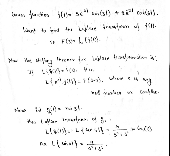 Guven function f(t)= 5ē at Run (5t) + 2ězt comC6t). Want to find the Laplace transform of f(t). le F(s)= L (160). Now the shi