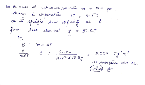 - efce heat reapacity be c... Let the mass of unknown substance m = 13.3 gm. change in temperature at a 16.7°C del the specif