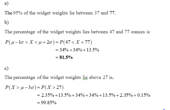 The 95% of the widget weights lie between 37 and 77. b) The percentage of the widget weights lies between 47 and 77 ounces is