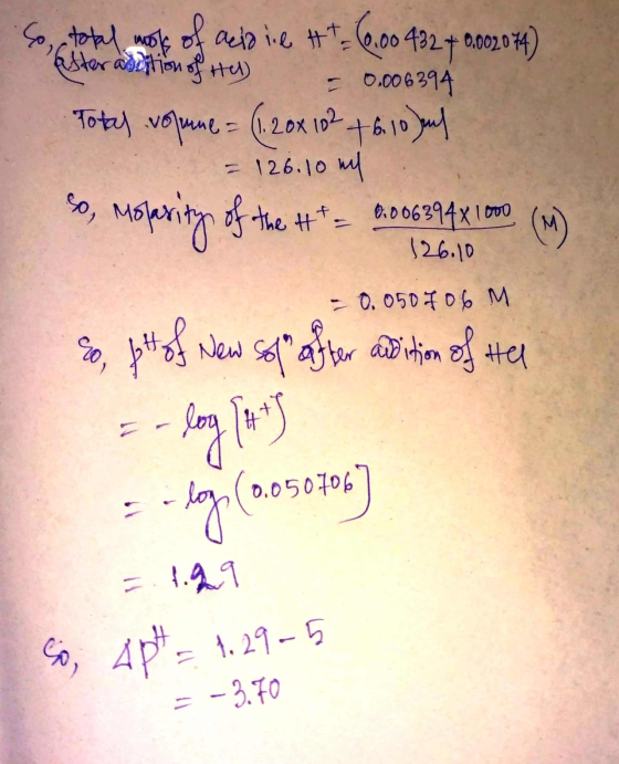 So total mools of acidie H t = 16,00 432 +0.002074) after addition of Hy) - 0.006394 Total volume = (1. 20x 102 +6.10 Juul =