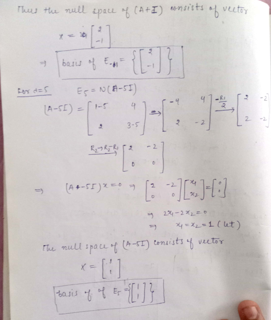 Th Hte null veutoy ipace f CA+I) unsists basis E Es=N(A-SI) こy d=5 4 4 1-5 LA-SE)= 2 -2 2 - 2 3-F -2 (A-SI) -2 2 2 4-22 he nu