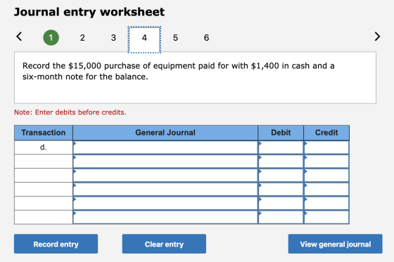 Journal entry worksheet Record the $15,000 purchase of equipment paid for with $1,400 in cash and a six-month note for the ba