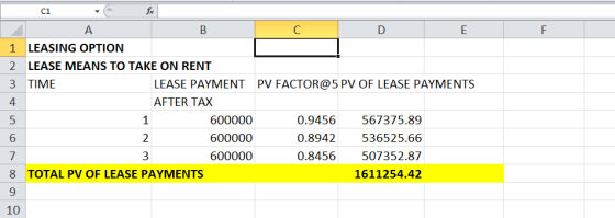C1 1 LEASING OPTION 2 LEASE MEANS TO TAKE ON RENT 3 TIME 4 LEASE PAYMENT AFTER TAX PV FACTOR@5 PV OF LEASE PAYMENTS 600000 60
